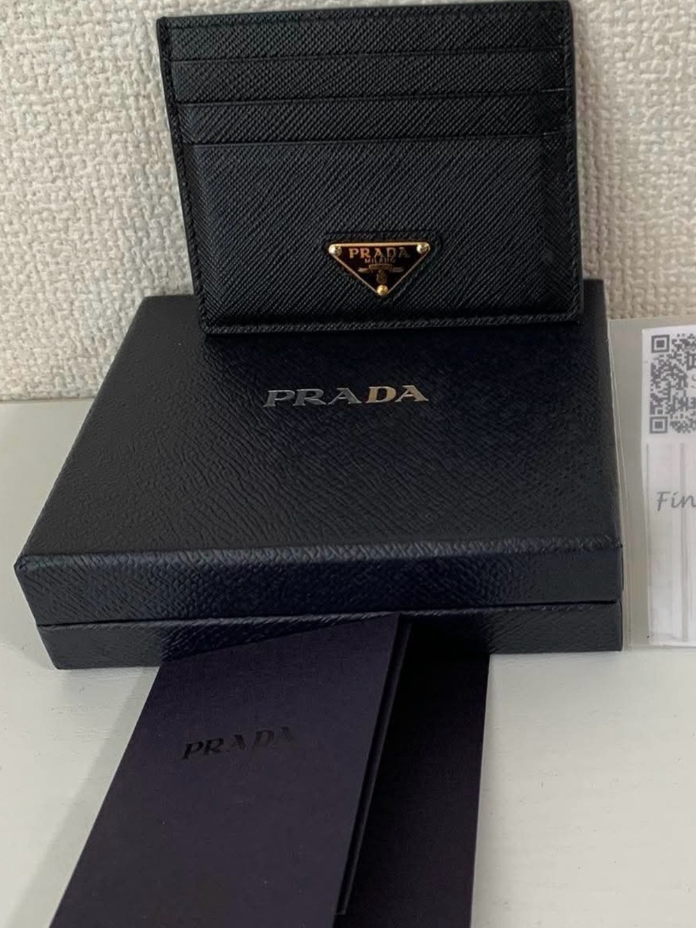 Prada Black Saffiano Leather Card Case with Gold Triangle Logo